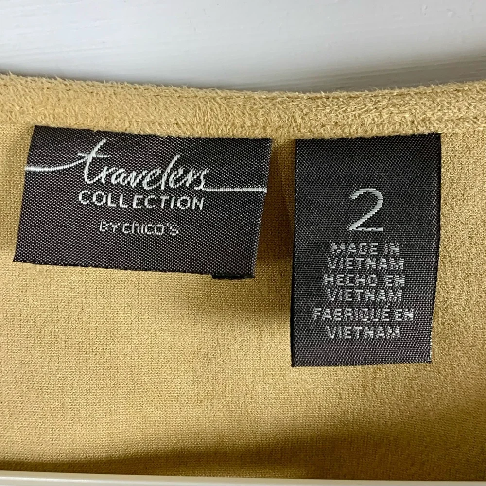 Chico’s Travelers Faux Suede Tiered Jacket Tan Sz 2 Large Southwestern Boho EUC‎
